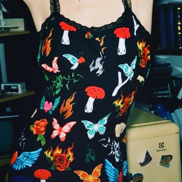 💀 NWT HALLOWEEN GOTHIC PUNK SKULL MUSHROOM STRIPED LACE SLIP DRESSES XL - Picture 9 of 11